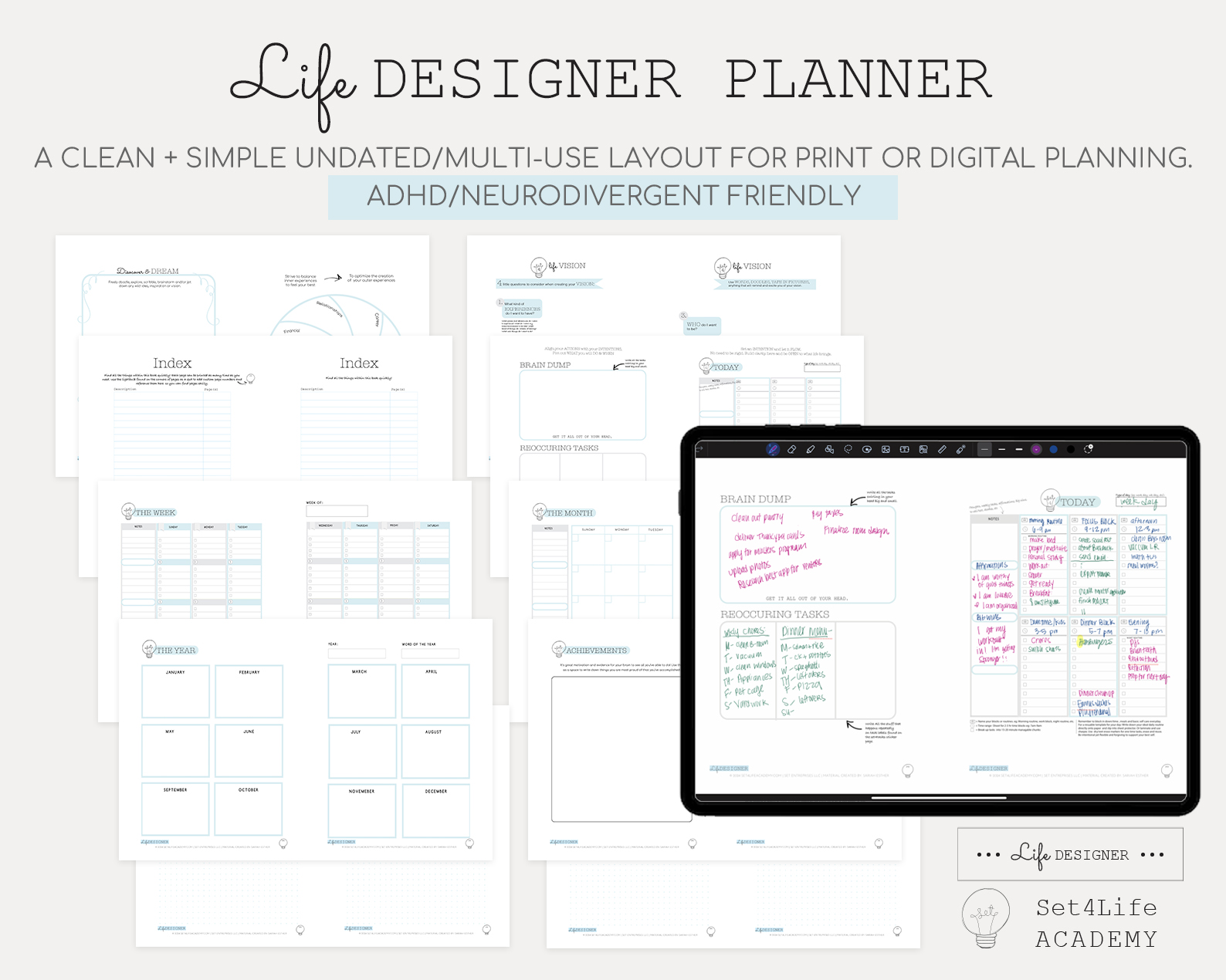 Life Designer Planner Simple, ADHD Friendly Printable or Digital Use from Set4life Academy
